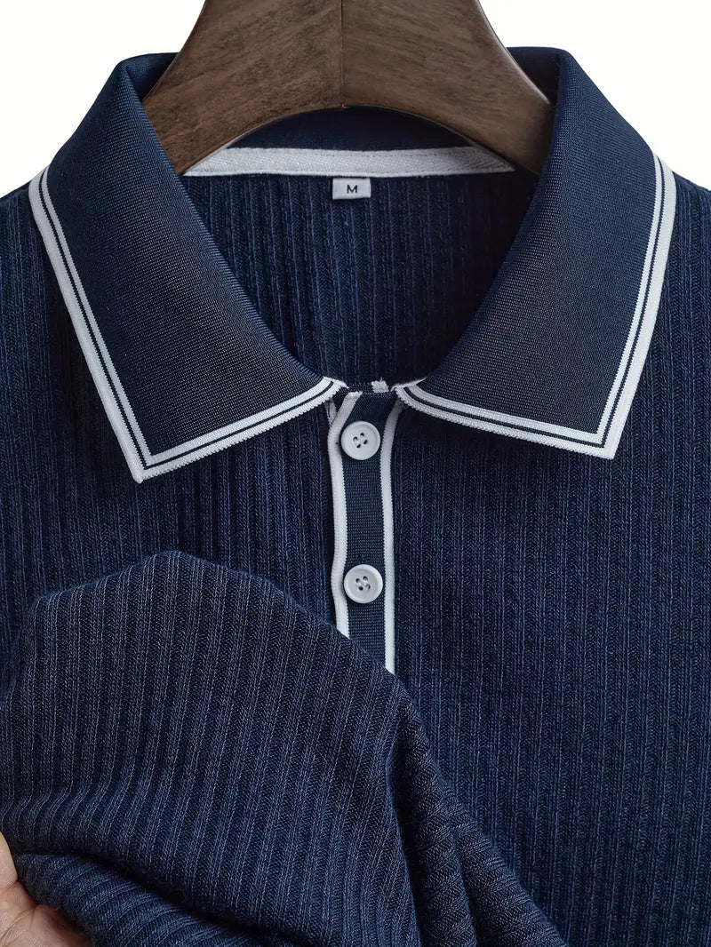 Men's ribbed polo shirt with collared neckline and button placket