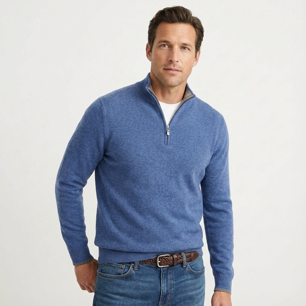 Men's quarter-zip sweater with a stand collar shown from the front