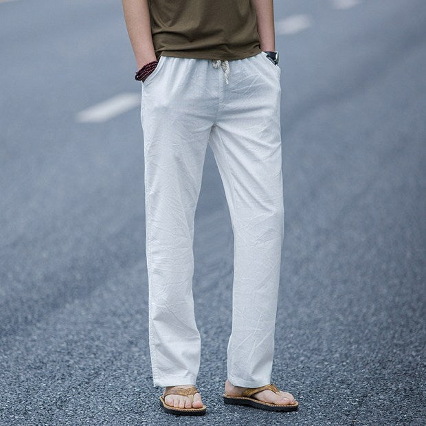 Front view of men's relaxed straight-leg linen-style pants