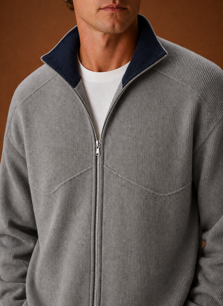Men's cardigan sweater jacket styled as a versatile layering piece