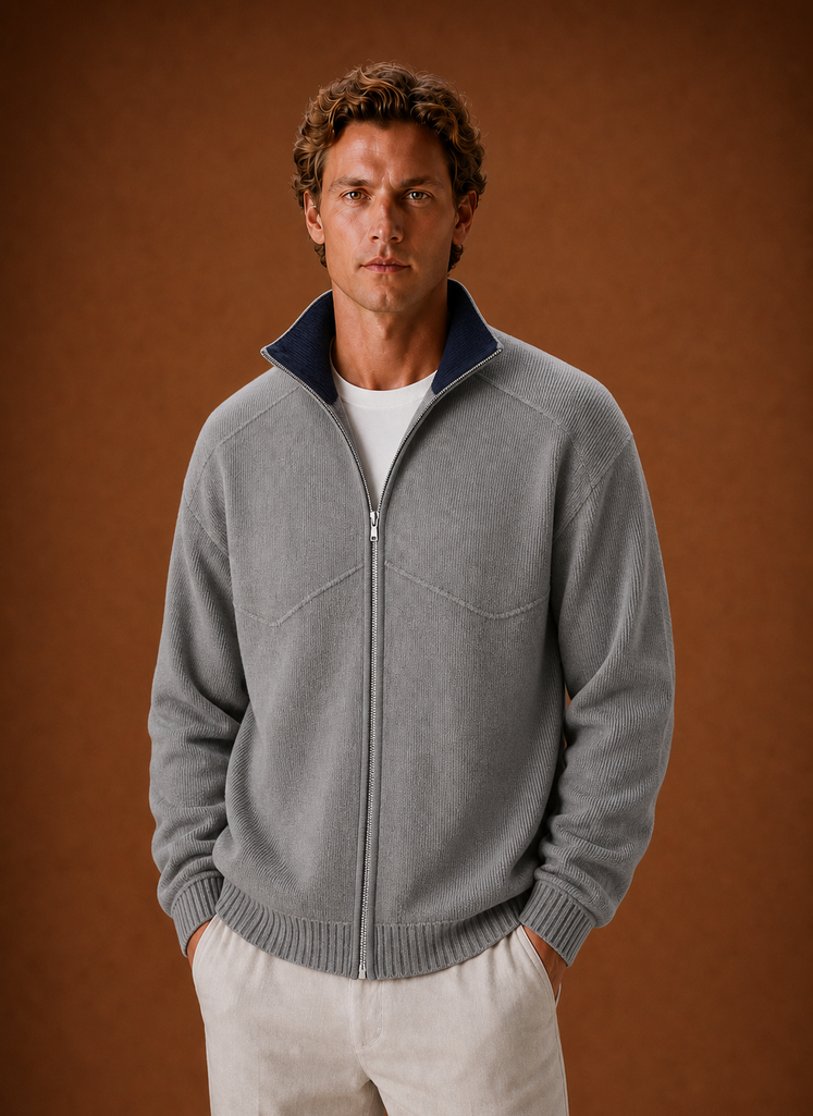 Side view of the men's knit cardigan sweater jacket