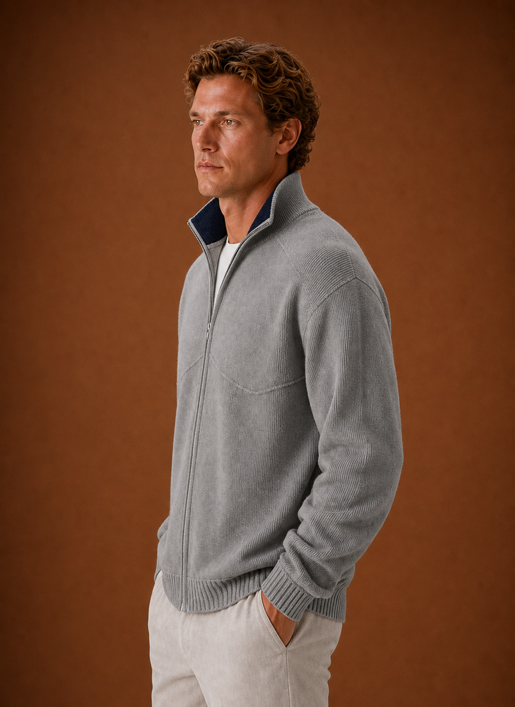 Detailed view of the cardigan jacket collar and front zipper