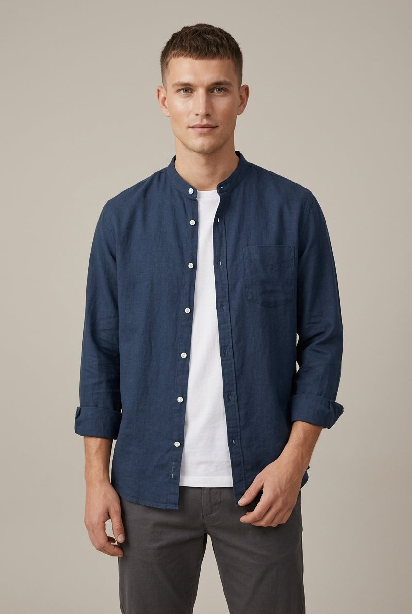 Men's linen blend band collar shirt shown from the front