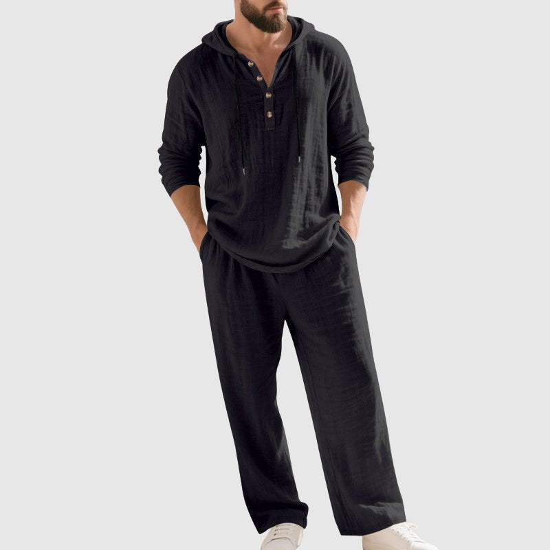 Front view of a men's linen Henley hoodie with matching pants.