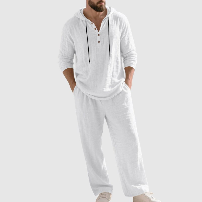 Men's Henley hoodie showing the buttoned neckline and hood.