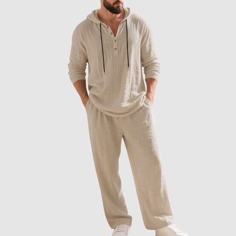 Men's Linen Henley Hoodie Set With Pants