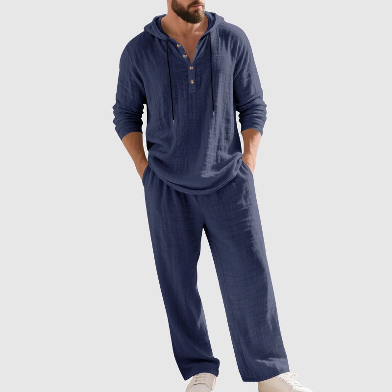 Side view of the men's linen hoodie and pants outfit.