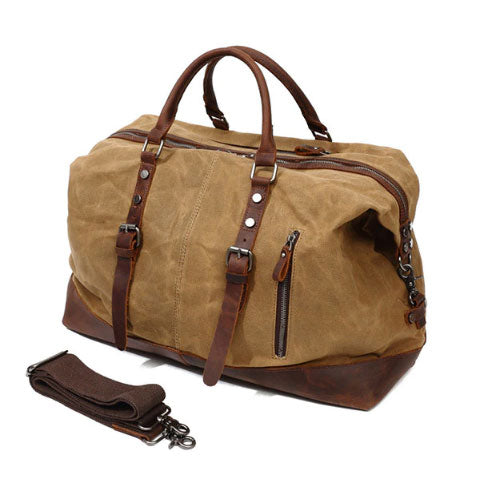Back view of the vintage leather duffle bag with clean classic design