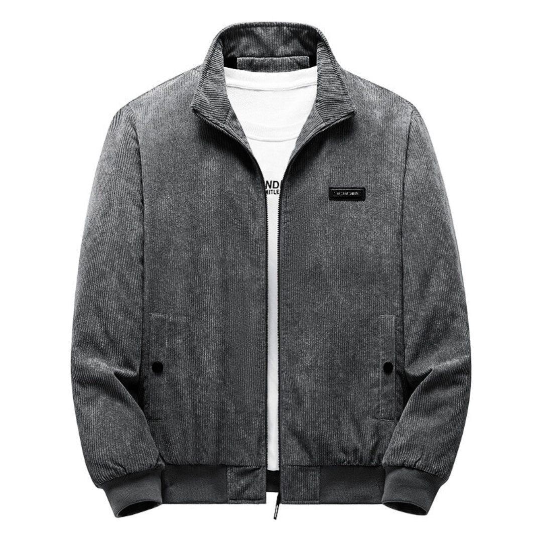 Side view of the men's corduroy jacket highlighting the relaxed everyday silhouette