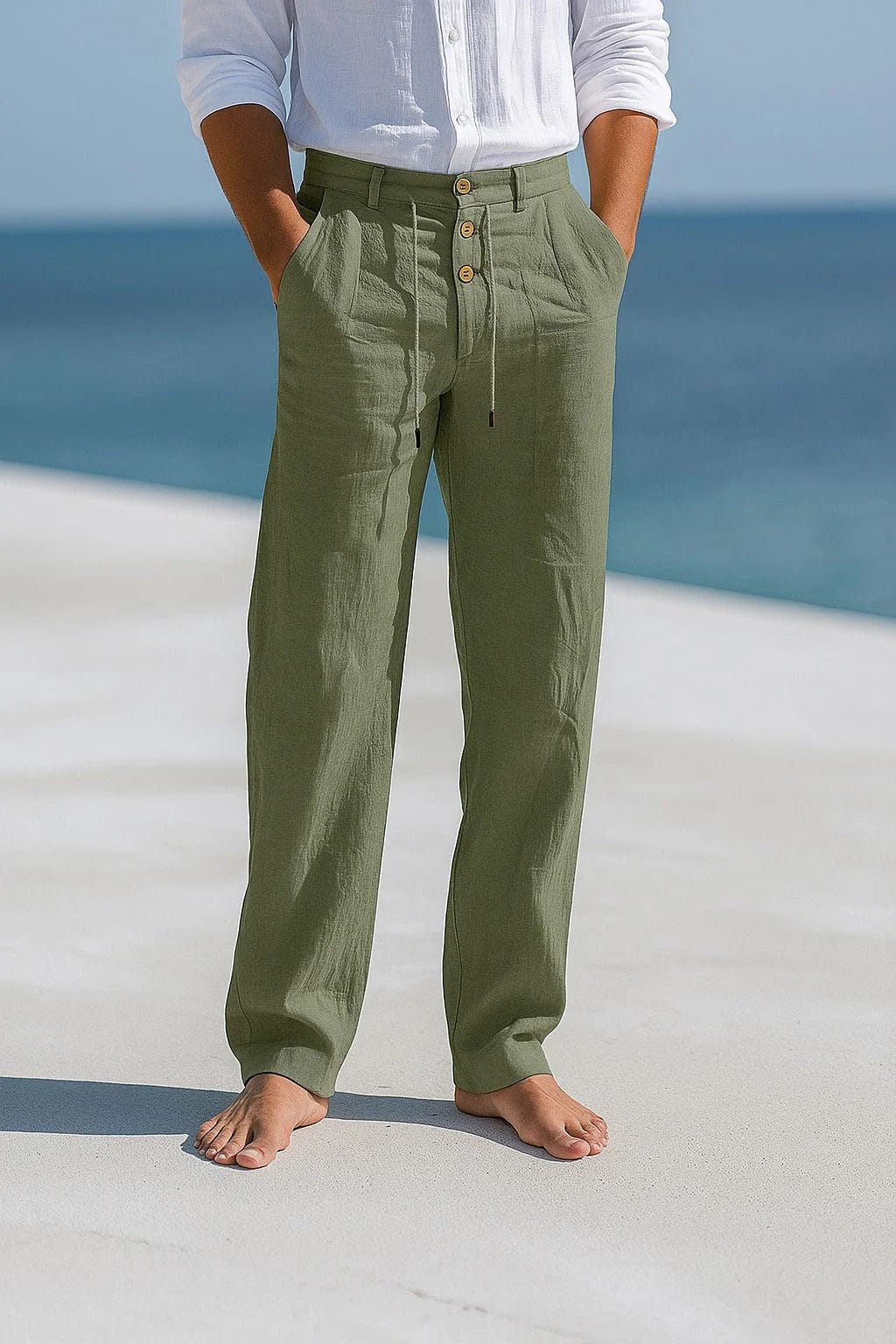Full-length view of men's casual linen blend trousers