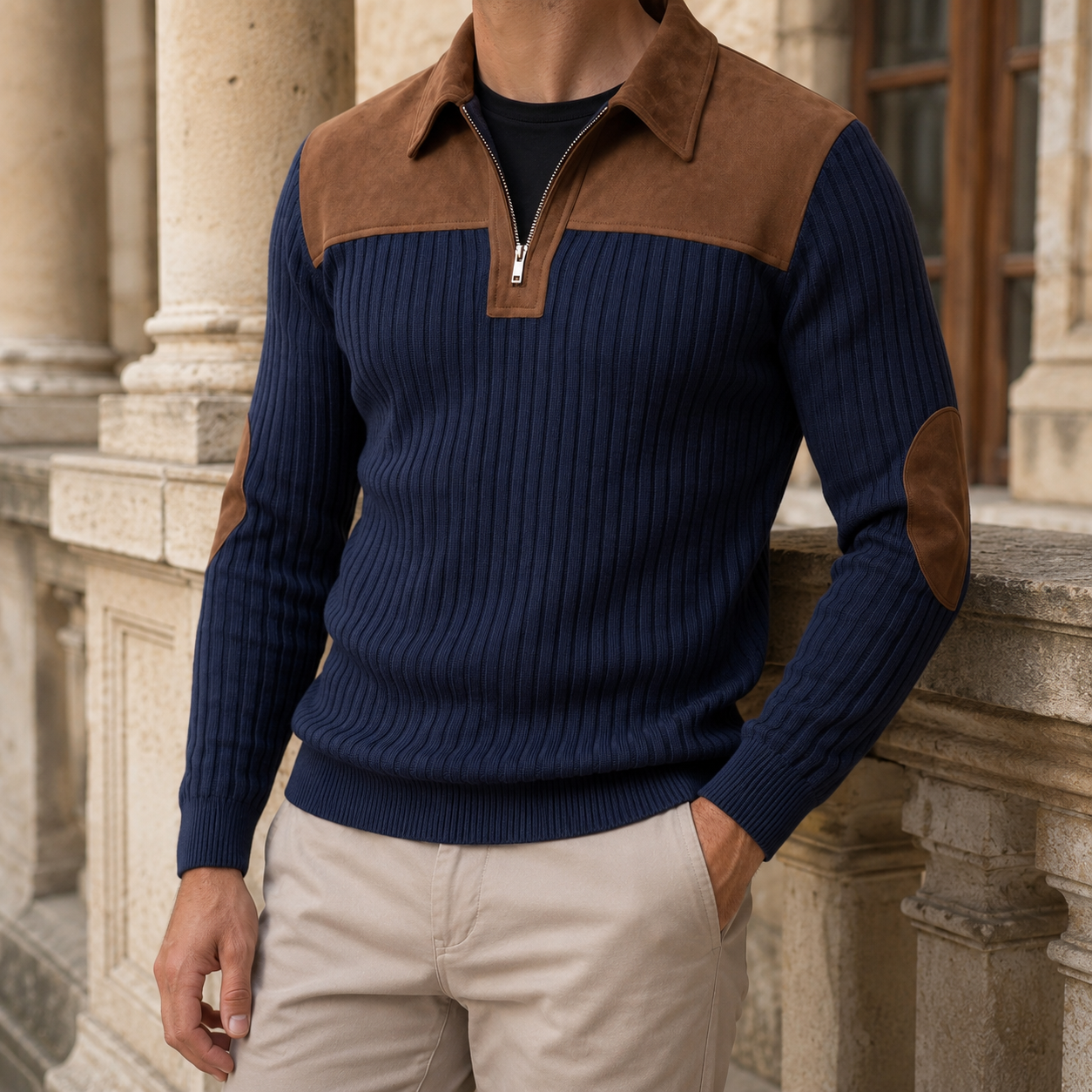 Men's Quarter-Zip Sweater With Elbow Patches