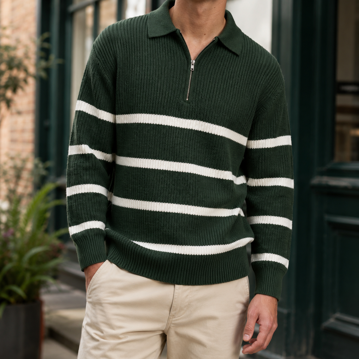 Men's ribbed half-zip sweater shown from the front