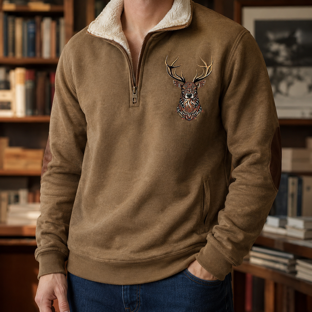Men's quarter zip sweater shown from the front with a fleece collar