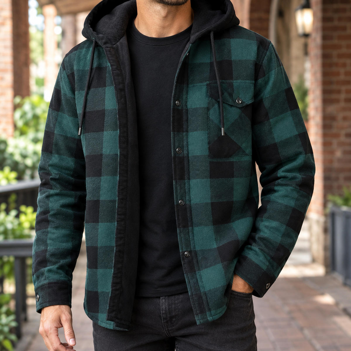 Men's plaid jacket with a hood in brushed denim fabric