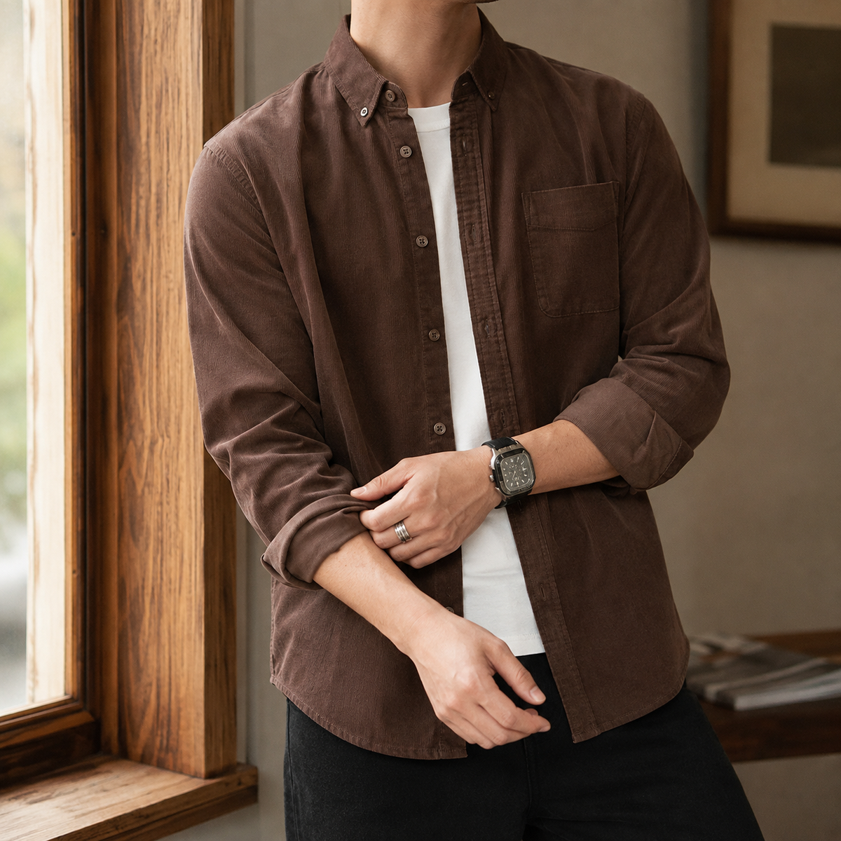 Men's Textured Overshirt With Button-Down Collar