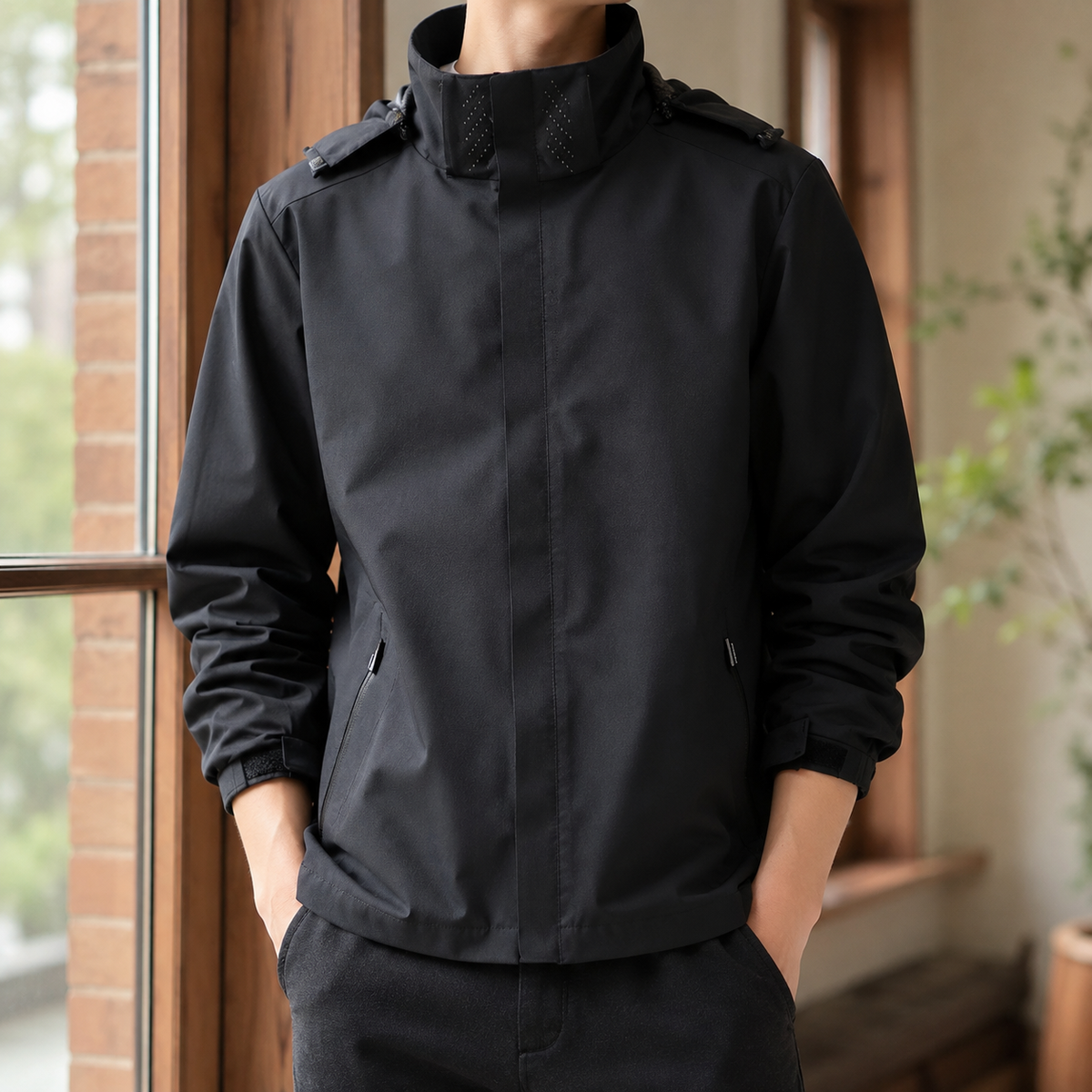 Front view of men's hooded jacket with a concealed zip