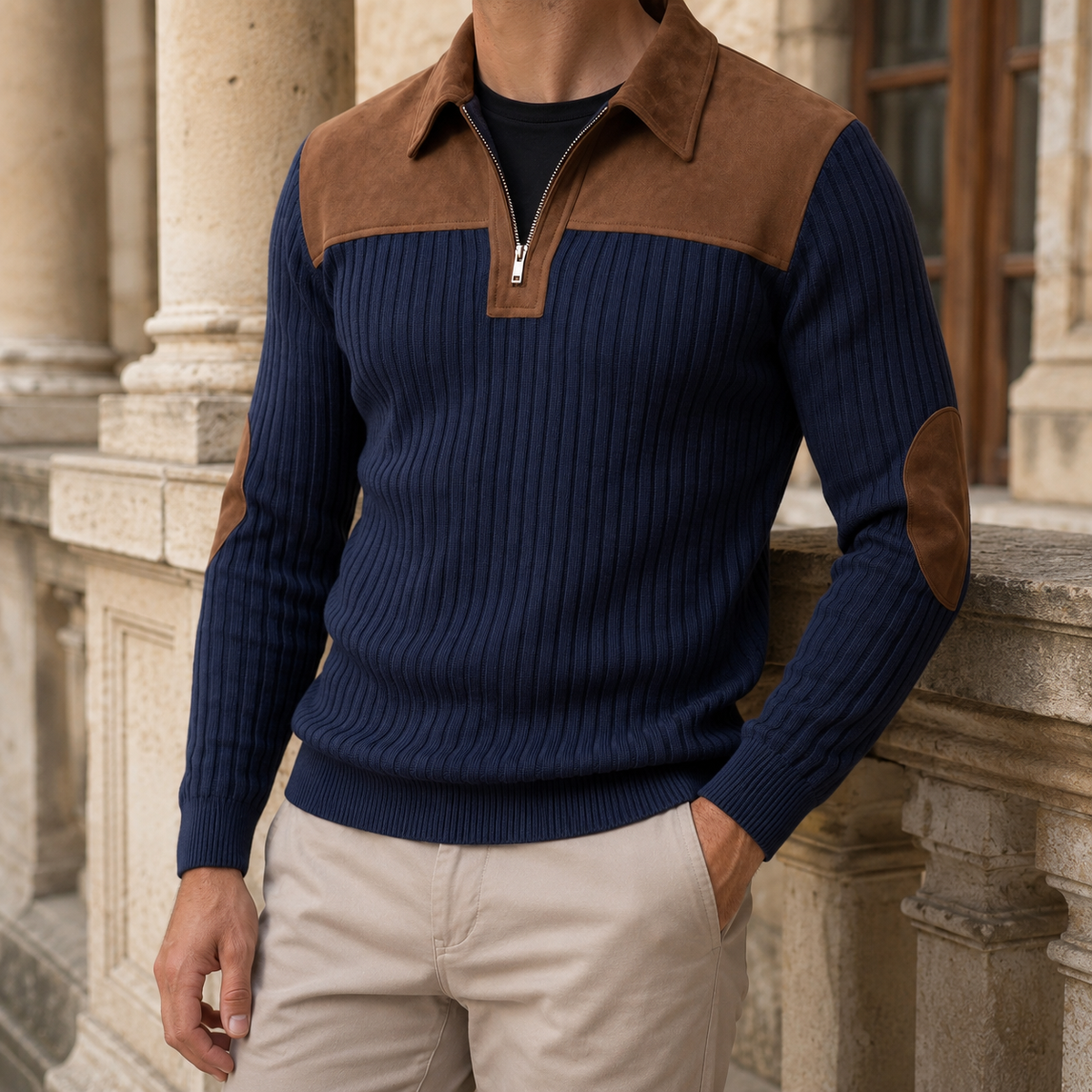 Men's quarter-zip sweater with elbow patches shown from the front