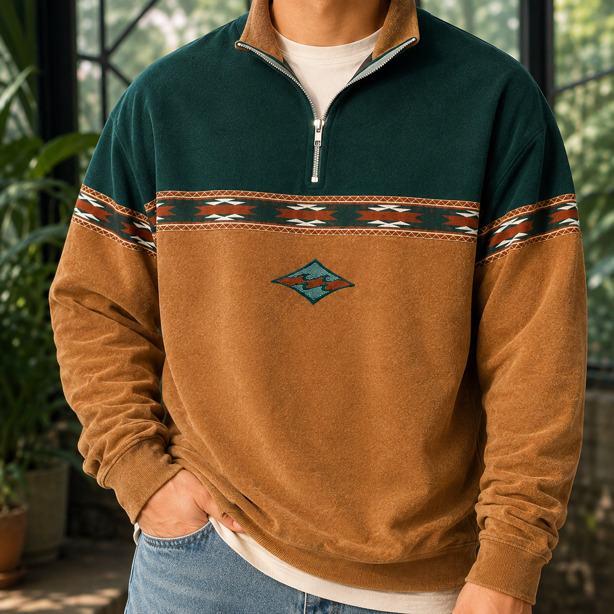 Men's quarter-zip knit sweater shown from the front