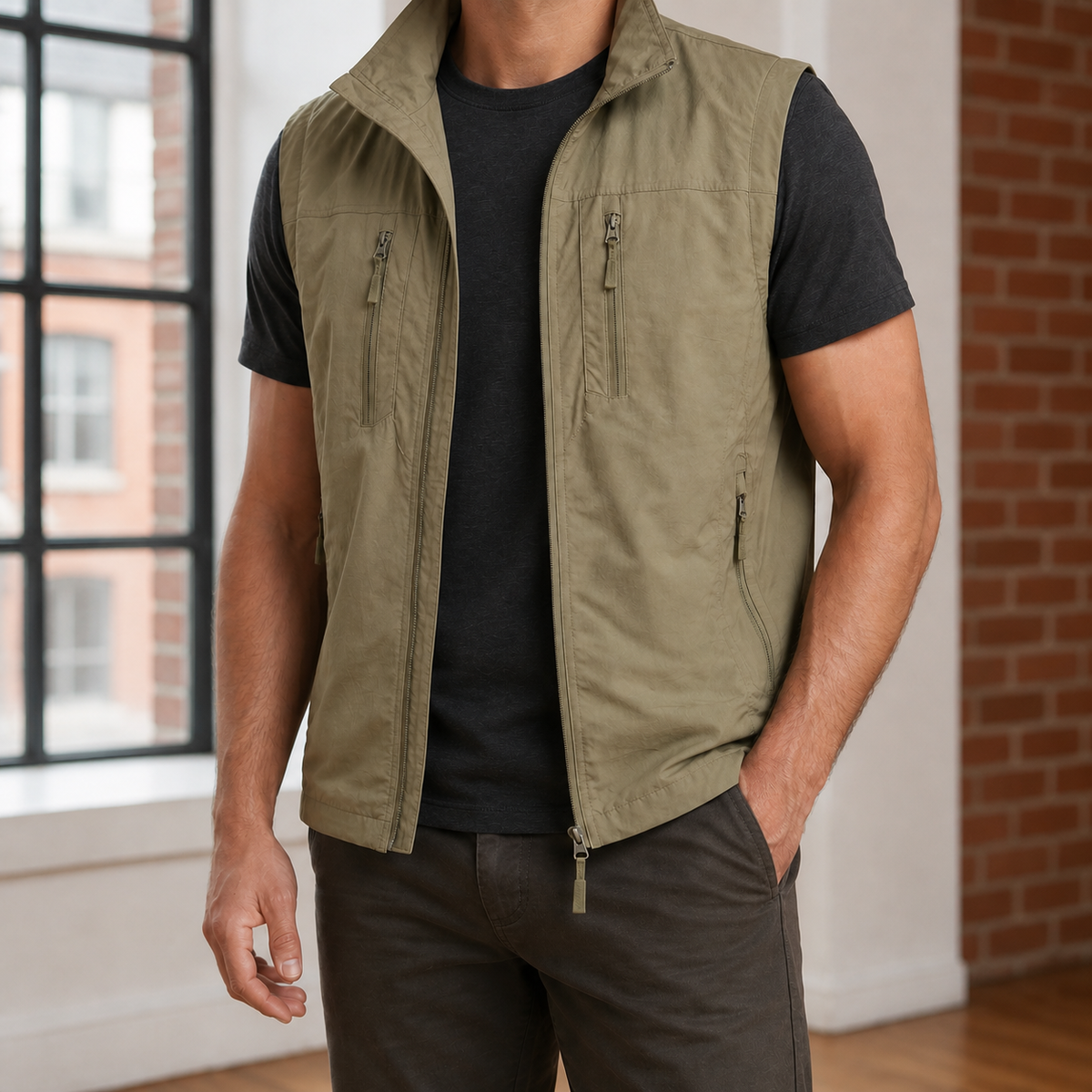 Men's utility vest displayed from the back