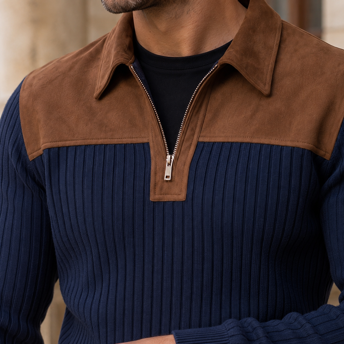 Close-up view of the quarter-zip collar and knit texture