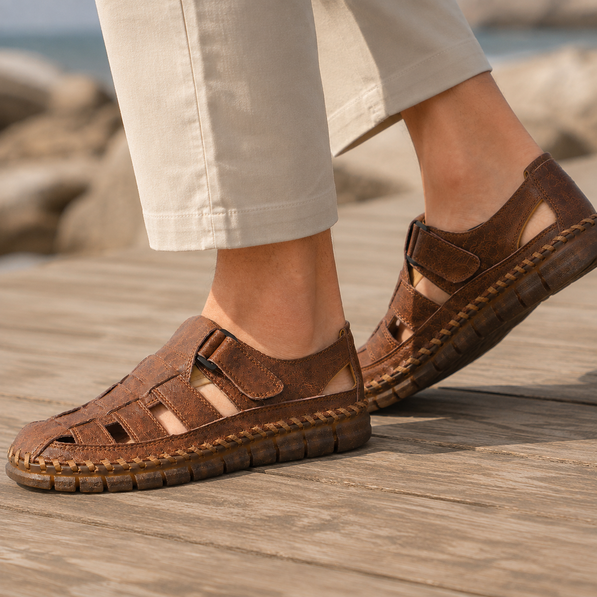 Pair of men's closed-toe leather fisherman sandals for summer wear