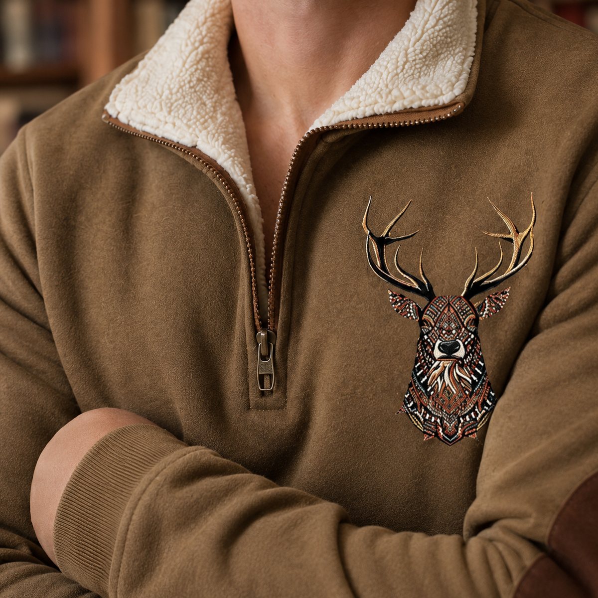 Close-up of the quarter zip neckline and soft fleece collar