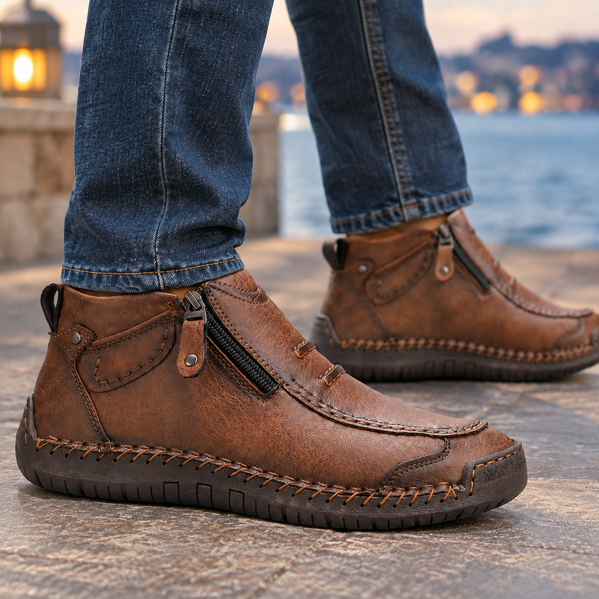 Side view of men's ankle boots showing the zip closure