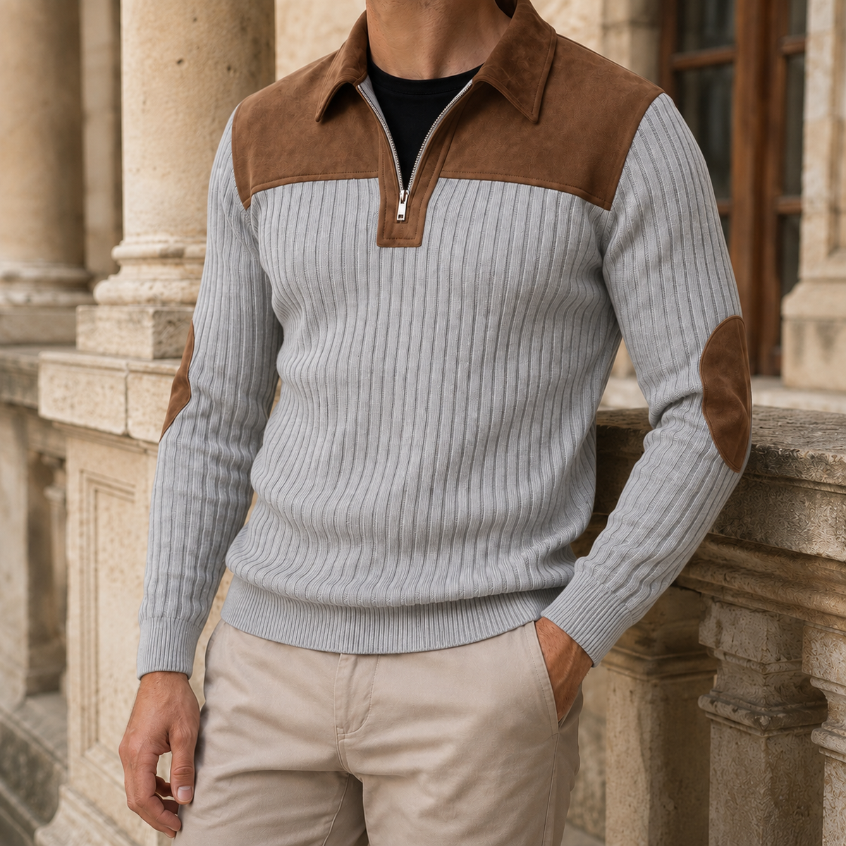 Detail of the elbow patches on the men's sweater sleeves