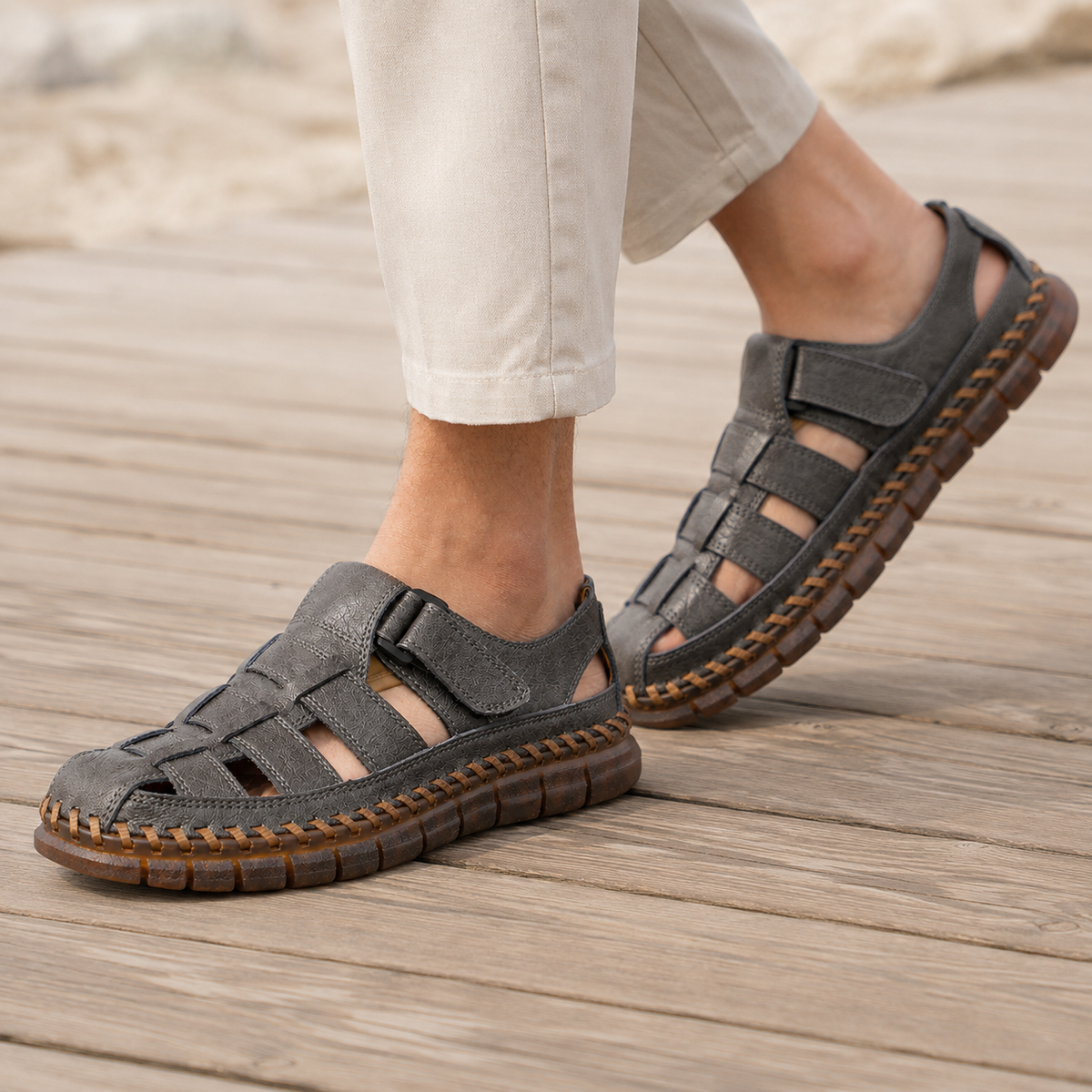 Men's Leather Fisherman Sandals Closed-Toe Summer Shoes