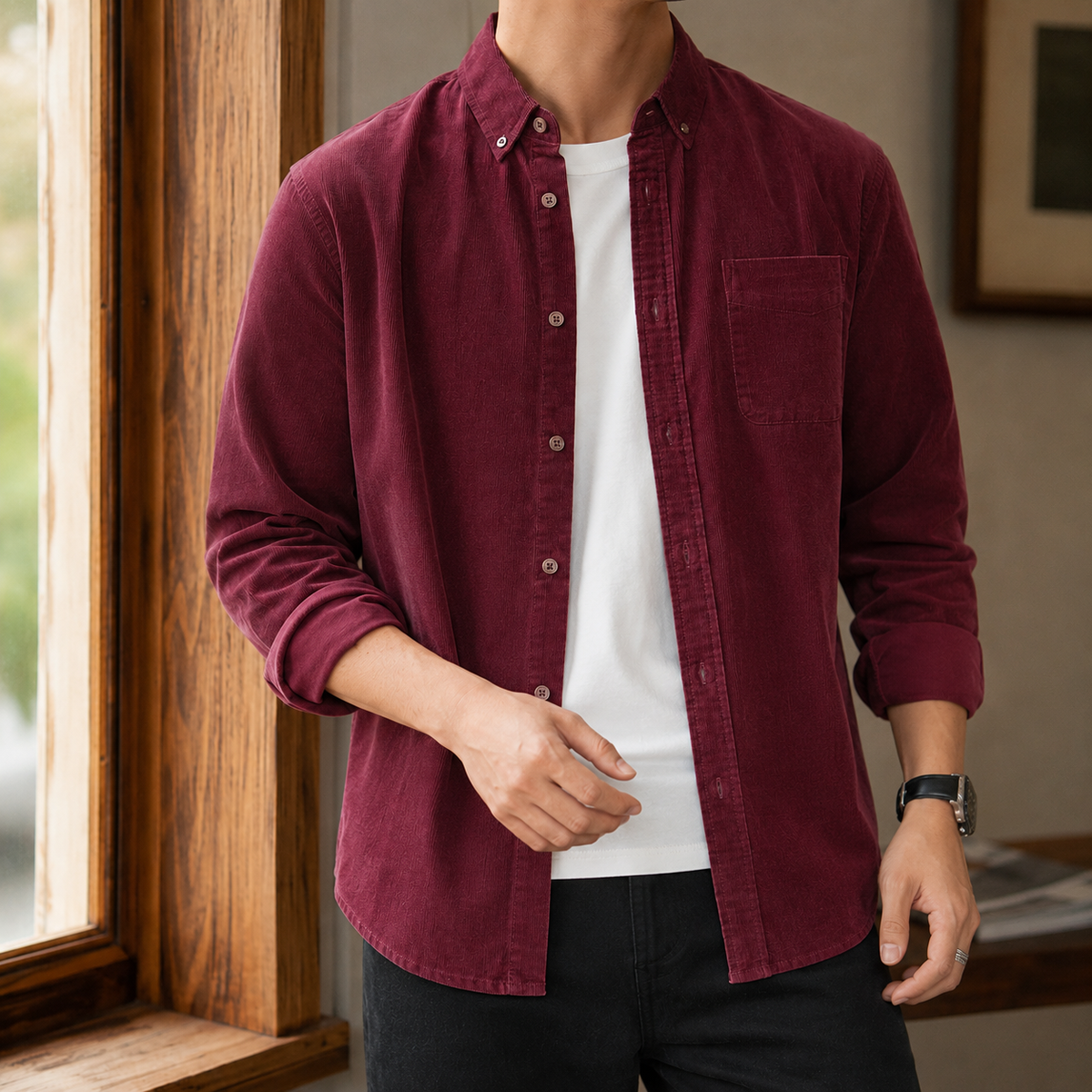 Men's Textured Overshirt With Button-Down Collar