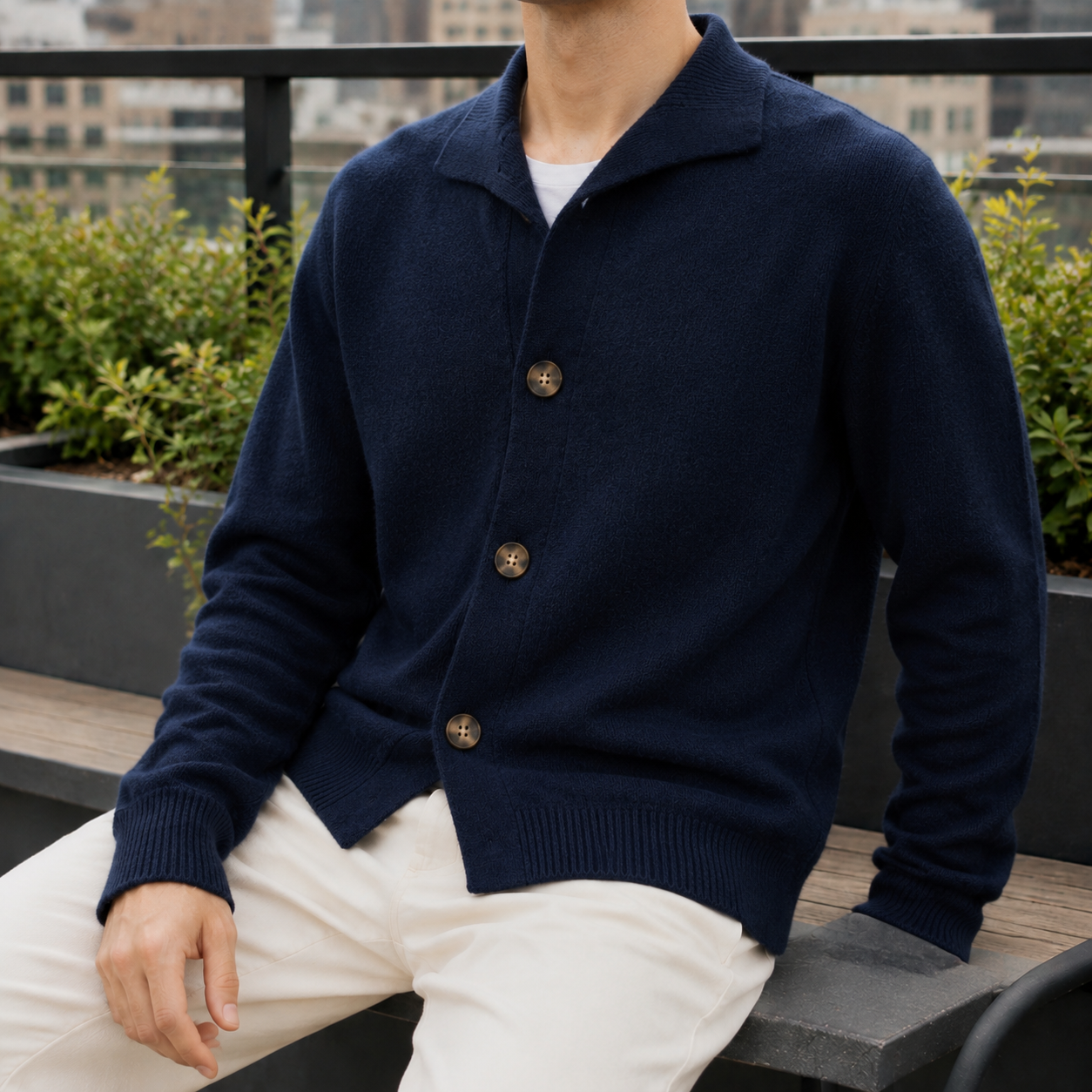 Close-up view of the soft knit texture on a men's cashmere blend sweater