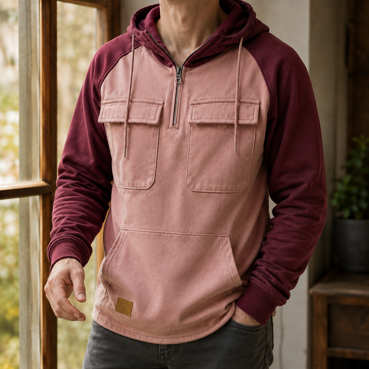 Men's gray utility hoodie styled as a casual everyday layering piece