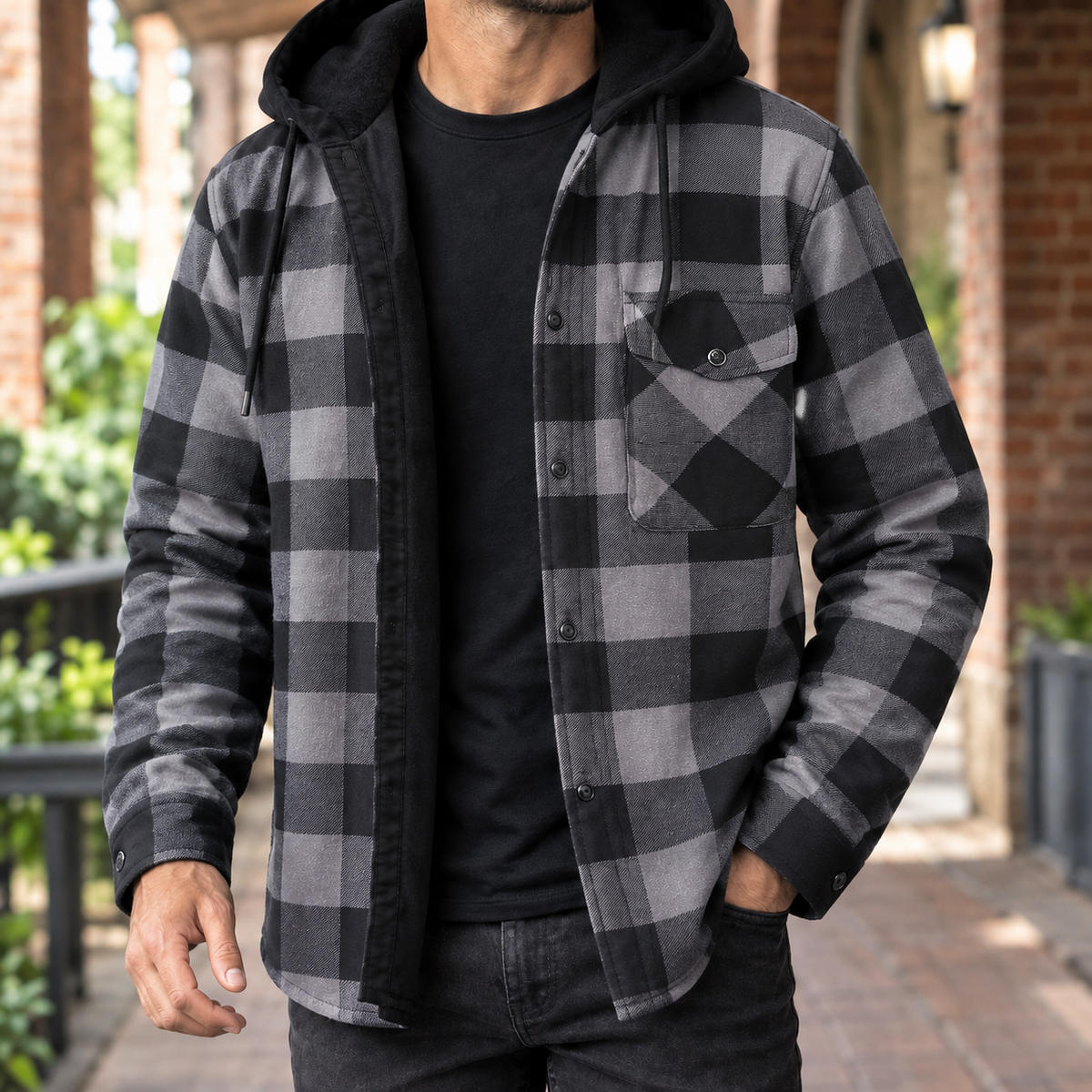 Men's Plaid Jacket With Hood Brushed Denim
