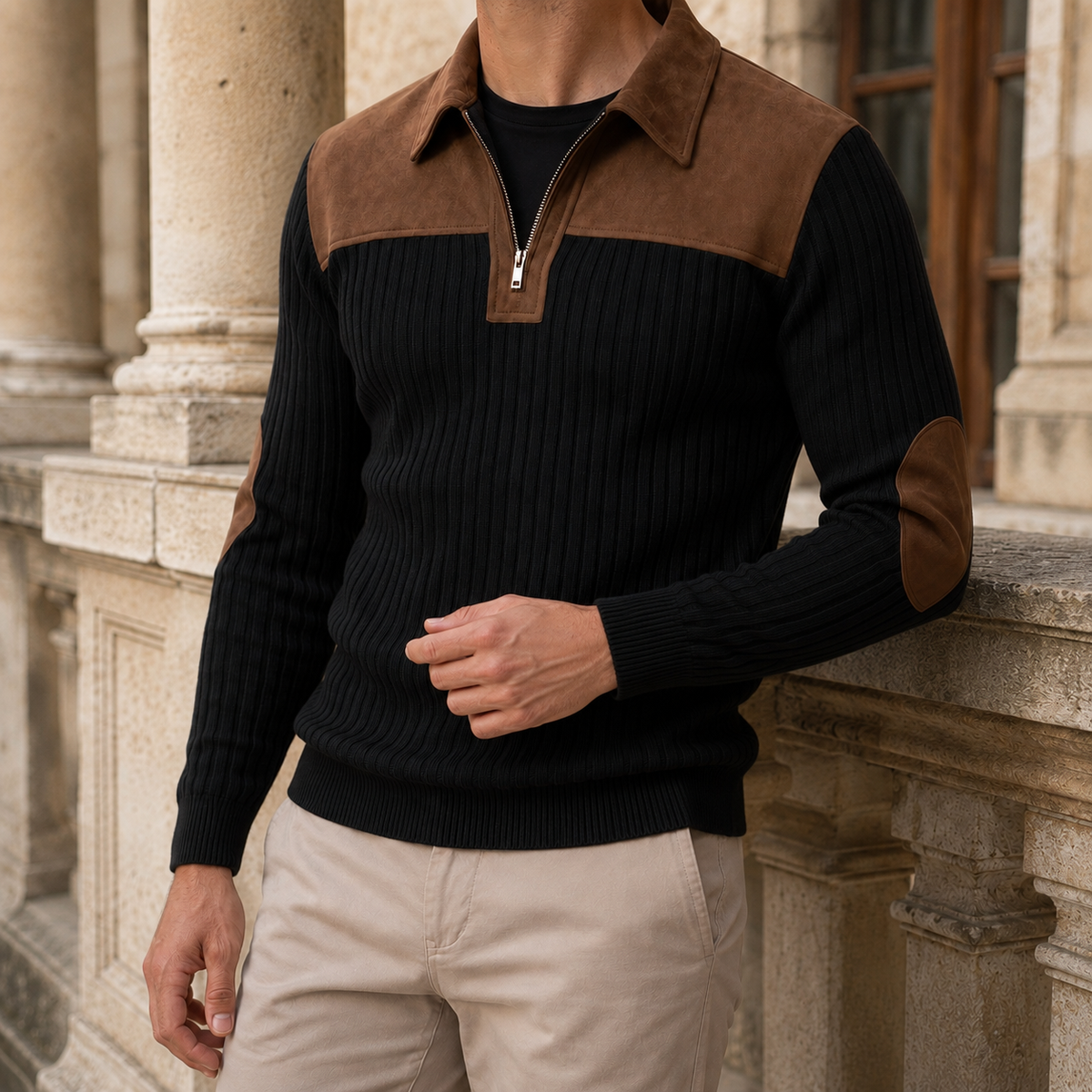 Men's Quarter-Zip Sweater With Elbow Patches