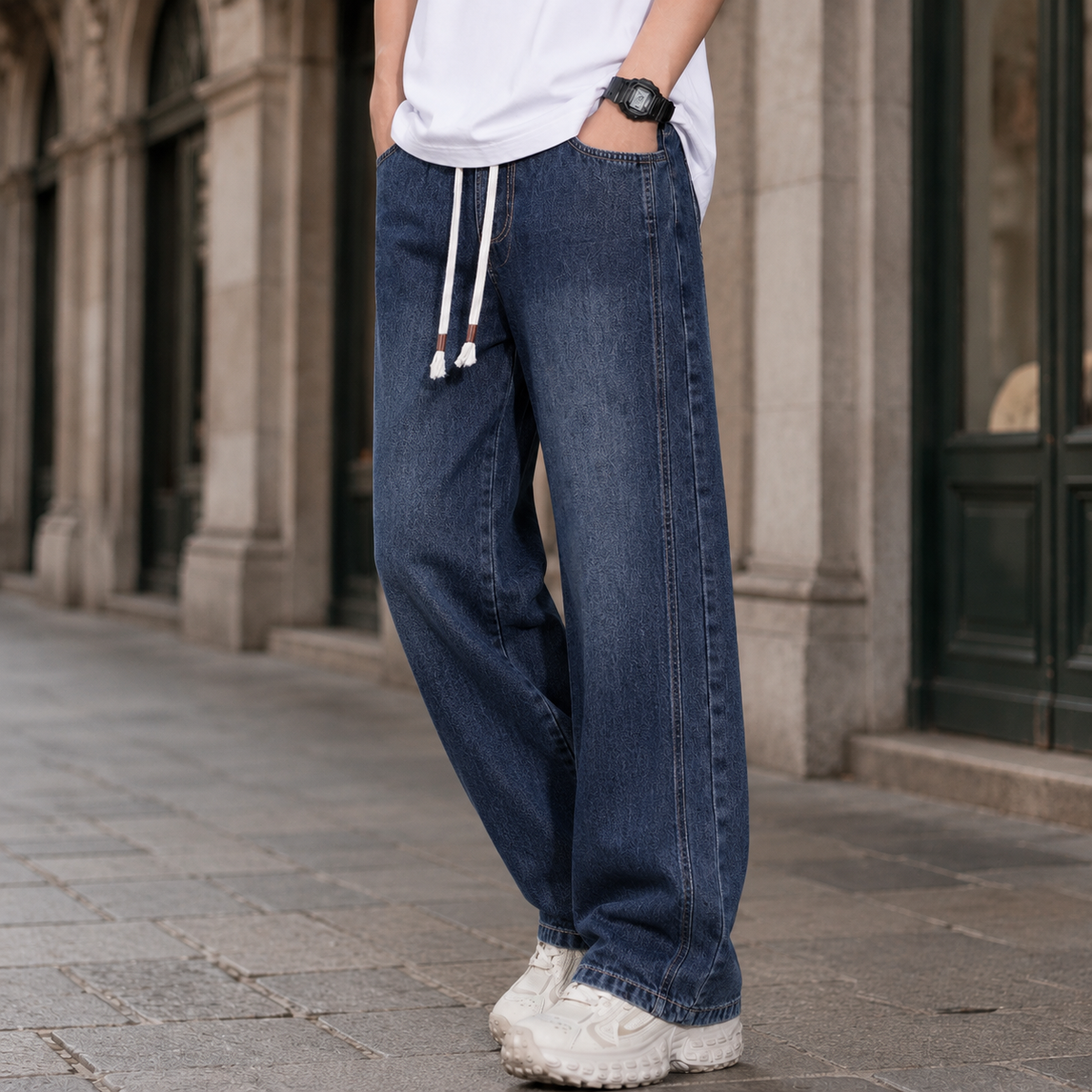 Men's Relaxed Wide-Leg Jeans With Drawstring Waist