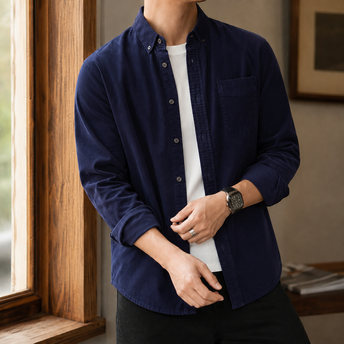 Back view of a men's textured overshirt highlighting its textured fabric