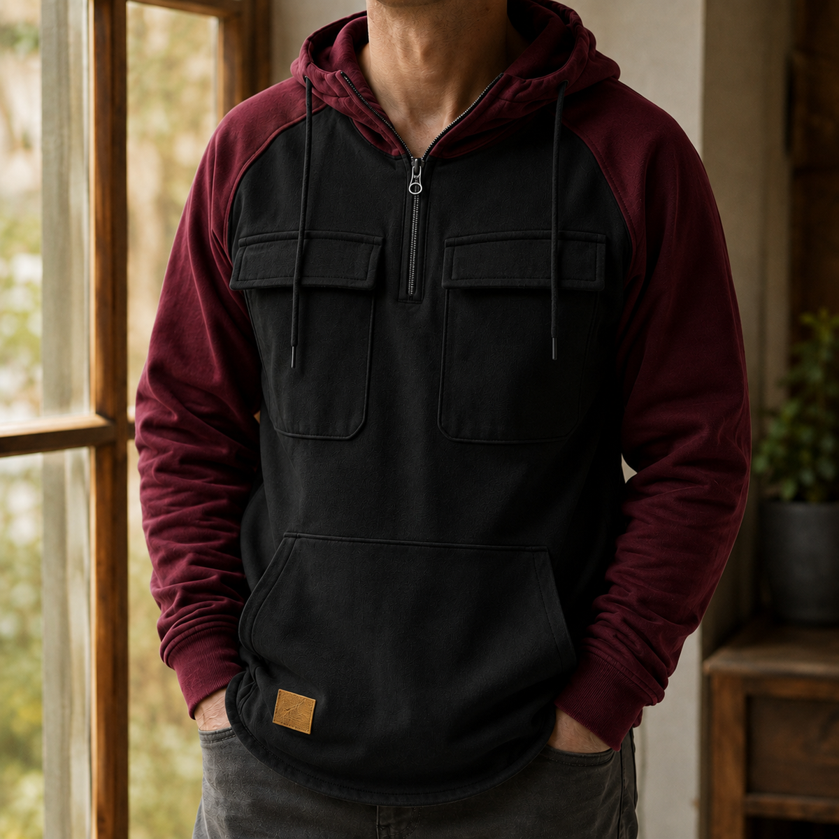 Side view showing the relaxed fit and long sleeves of the gray utility hoodie
