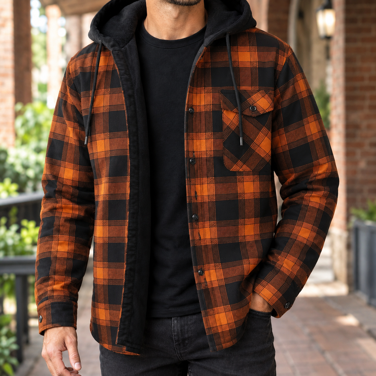Side view of a men's hooded plaid jacket with long sleeves