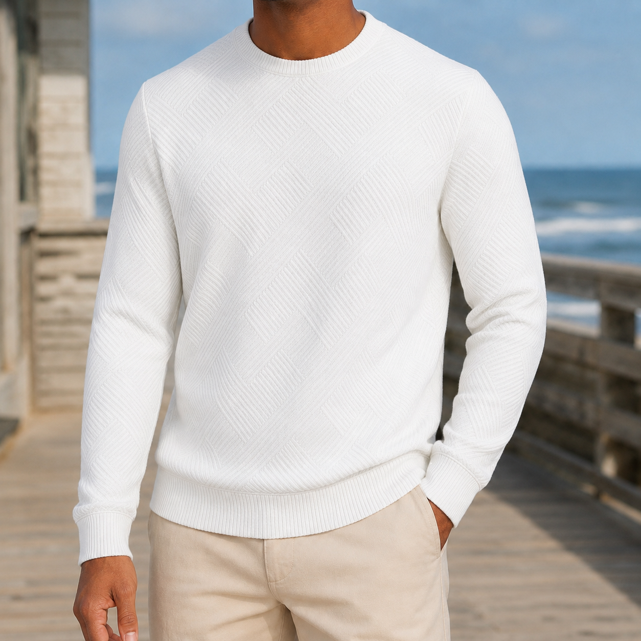 Men's textured sweater styled as an everyday layering piece