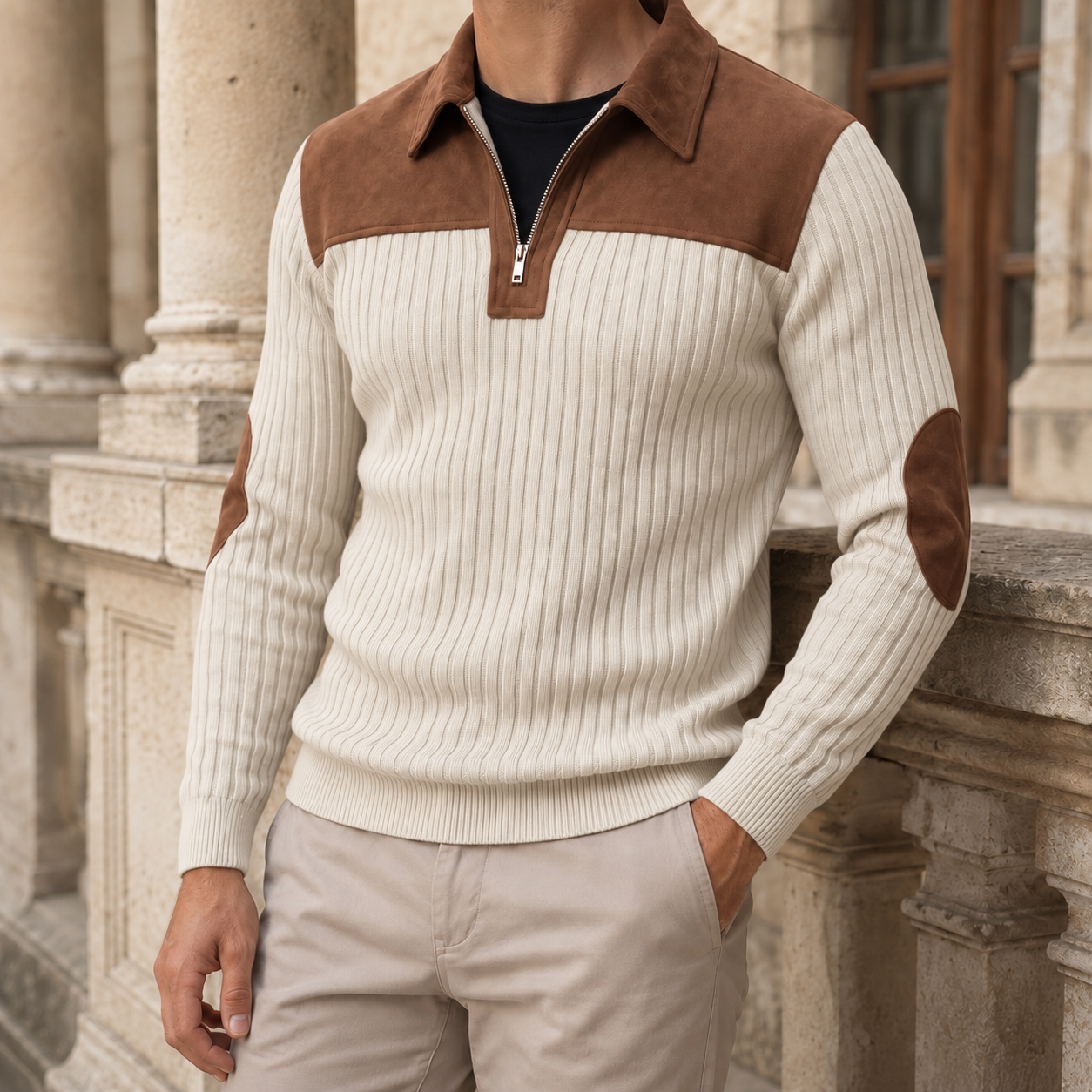 Men's Quarter-Zip Sweater With Elbow Patches
