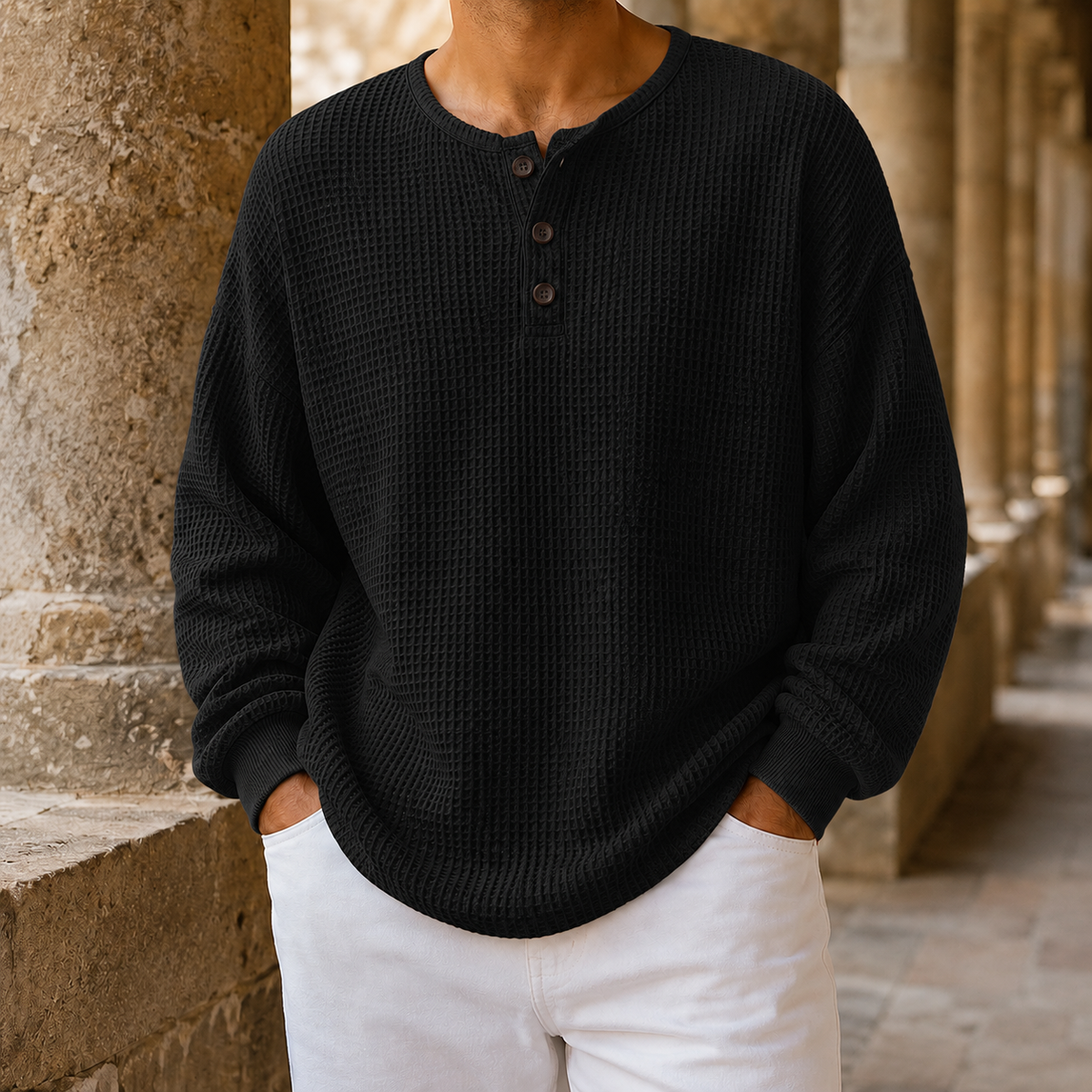 Men's Waffle Knit Henley Sweater