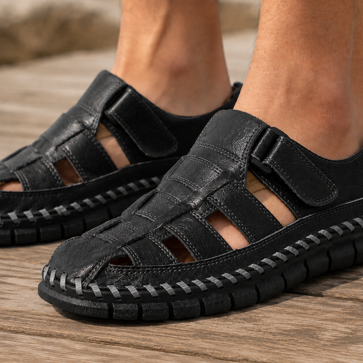 Men's Leather Fisherman Sandals Closed-Toe Summer Shoes