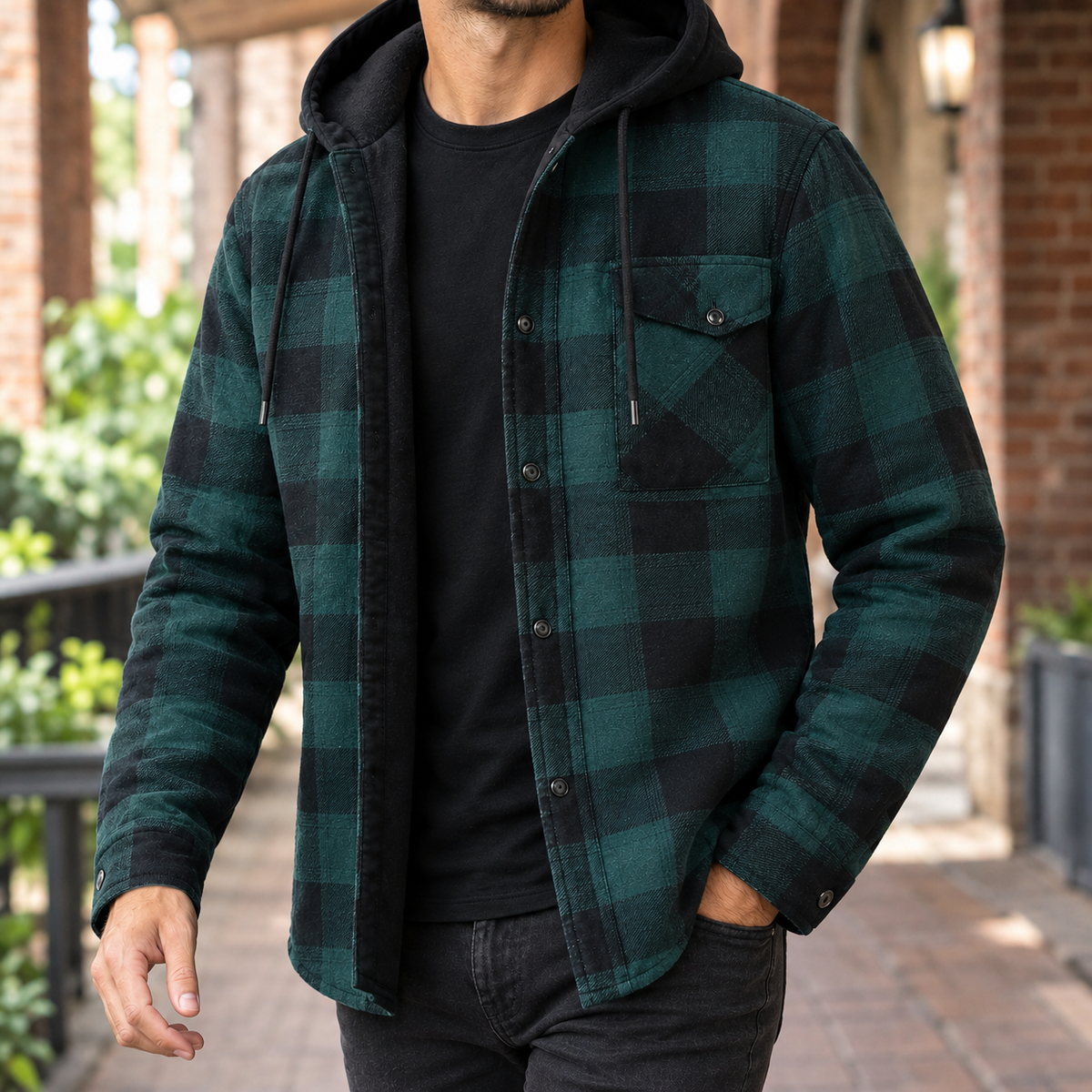 Men's plaid hooded denim jacket styled for casual cool-weather wear
