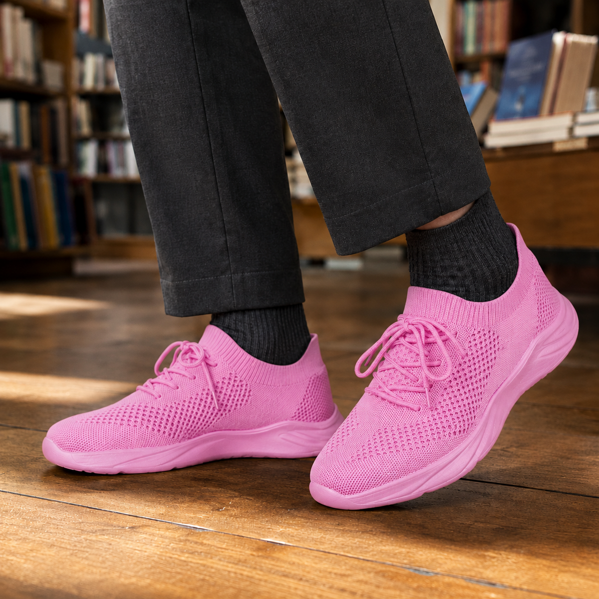 Top view of men's knit sneakers showing the knit texture, tongue, and laces