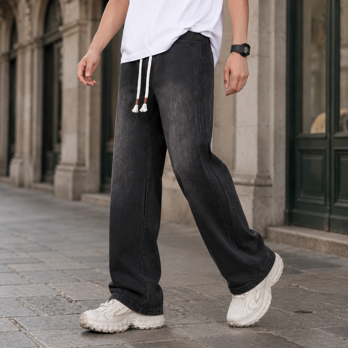Men's Relaxed Wide-Leg Jeans With Drawstring Waist