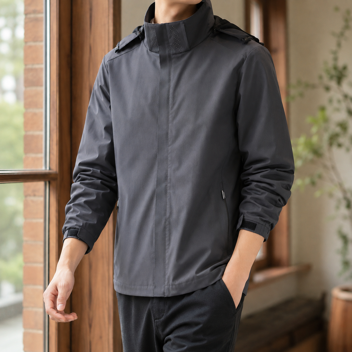 Men's Hooded Jacket With Concealed Zip