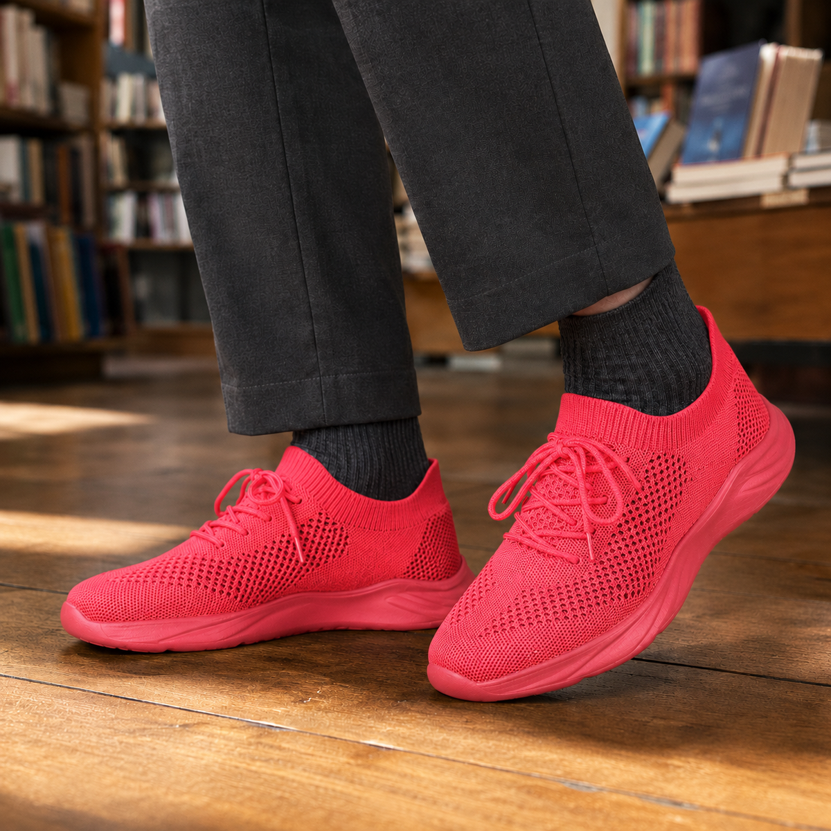 Pair of men's knit sneakers shown together with their low-profile soles and casual design
