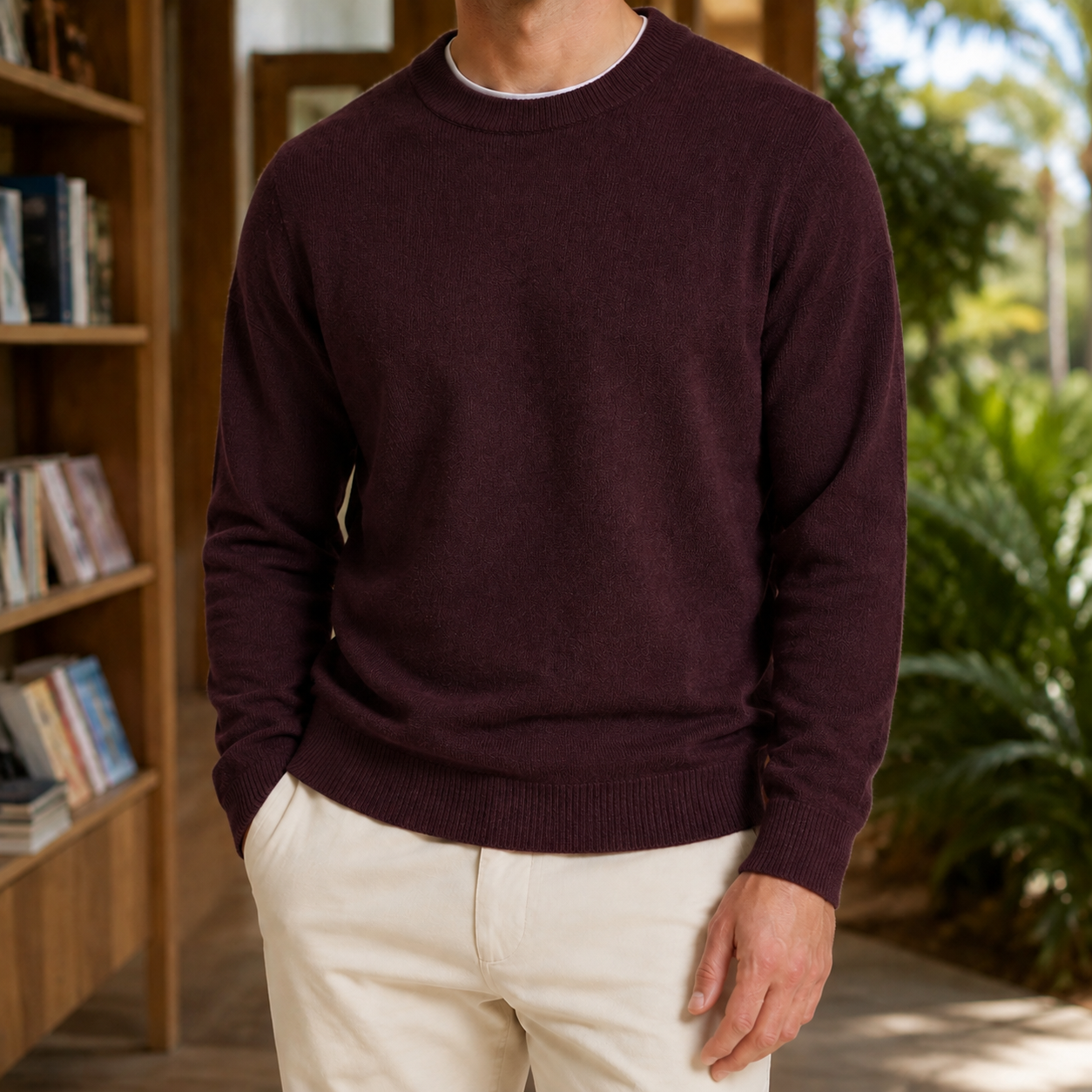 Men's fine-knit crew-neck sweater styled as a polished layering piece