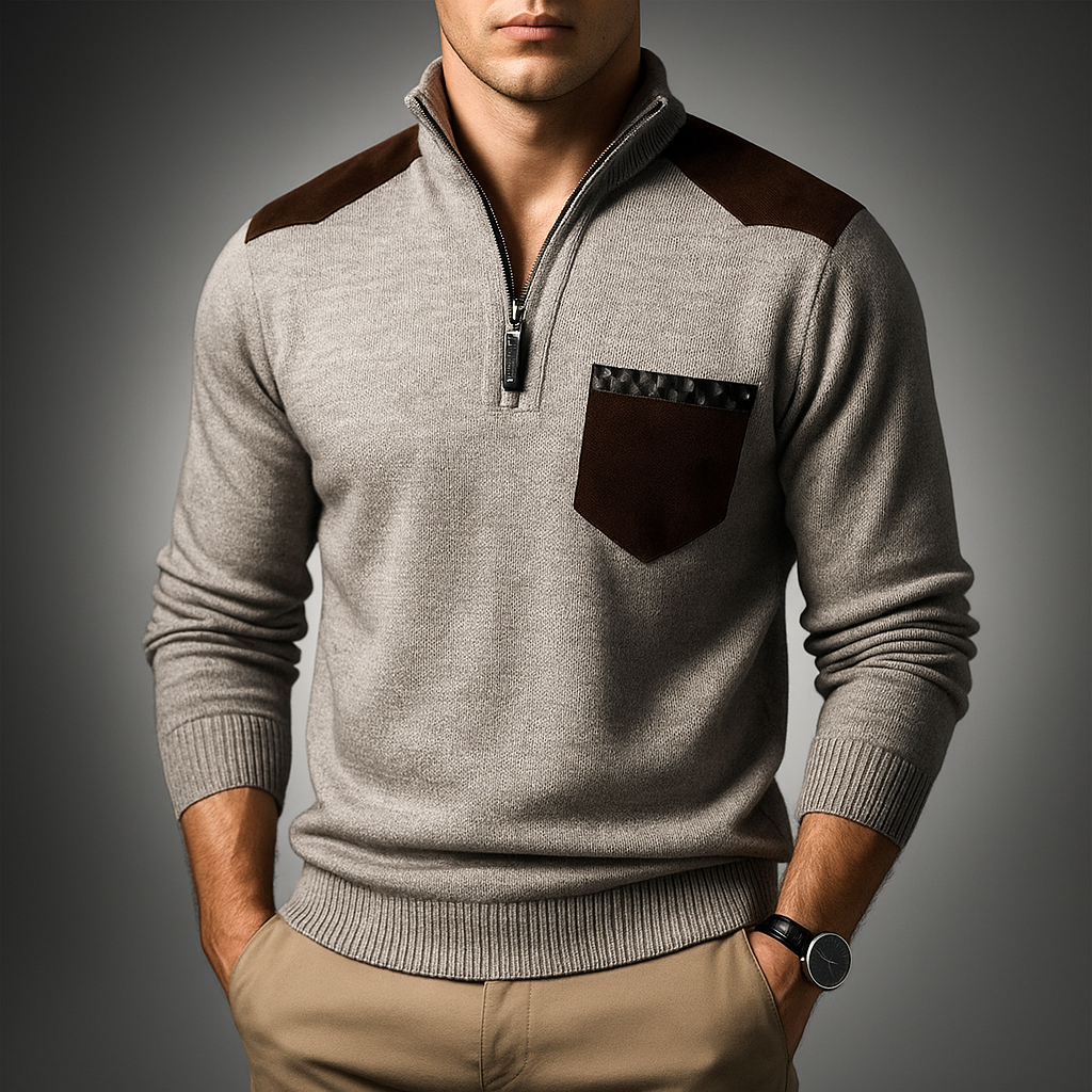 Men's ribbed cardigan with a zip-through neck shown from the front
