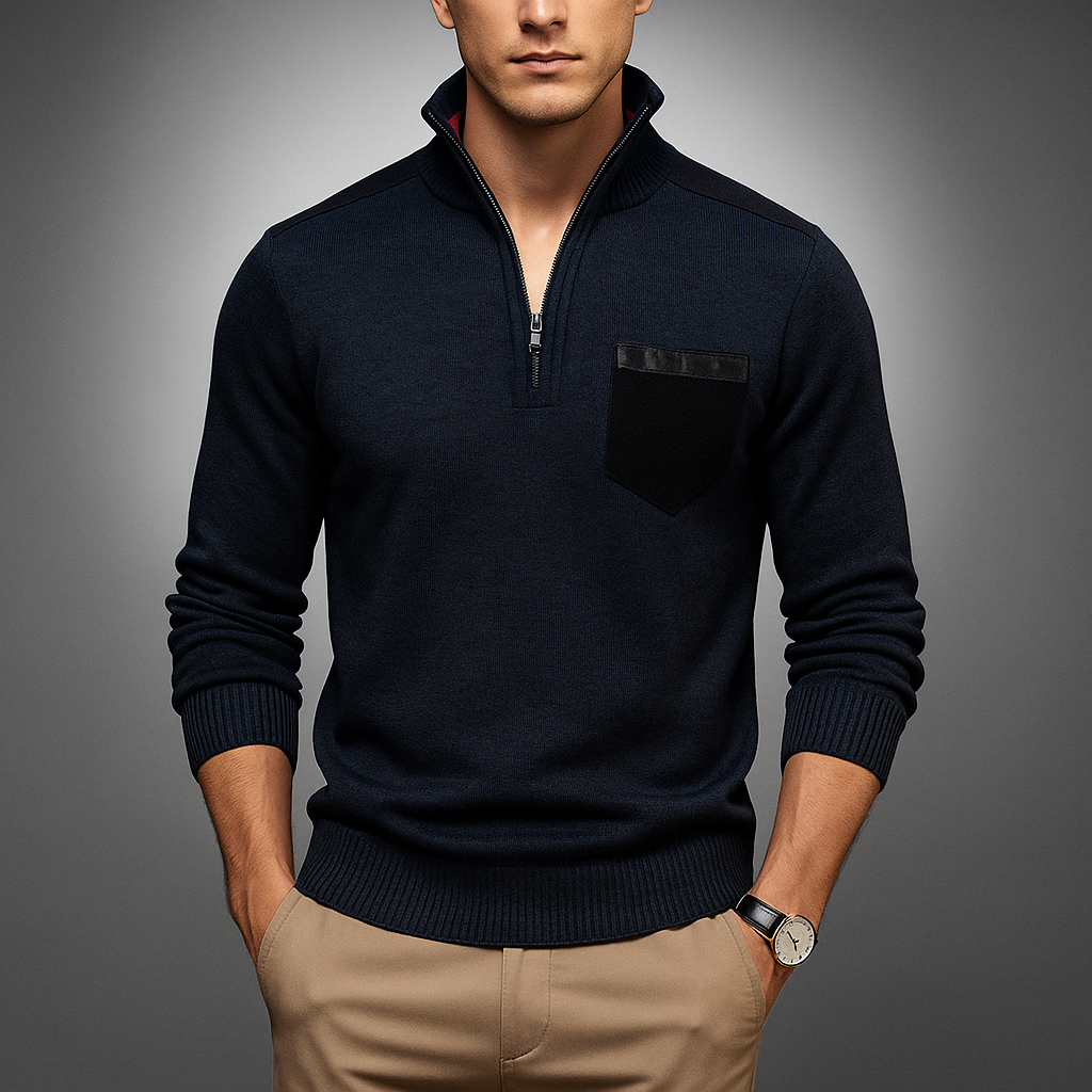 Men's cardigan displaying the zip-through neck design